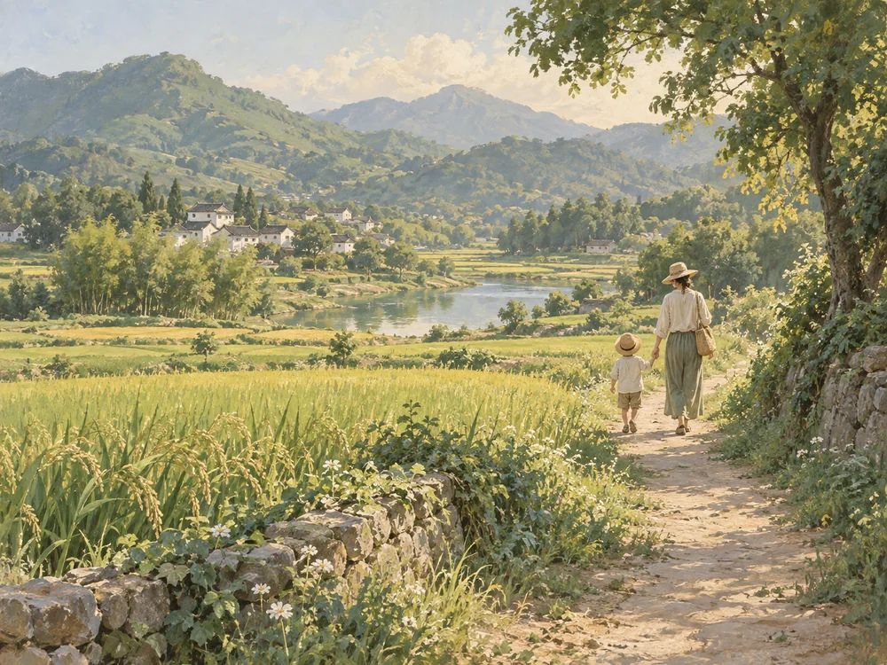 家长牵着孩子沿田间小路散步的田园主题插画